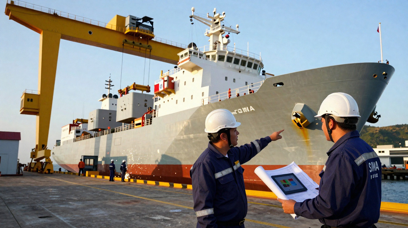 Dois trabalhadores de colete e capacete branco observam navio ancorado junto a cais com grua amarela ao fundo.