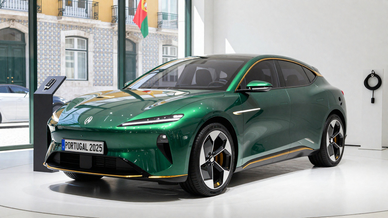 Carro elétrico verde metálico exposto em sala clara, com placa personalizada "PORTUGAL 2025".