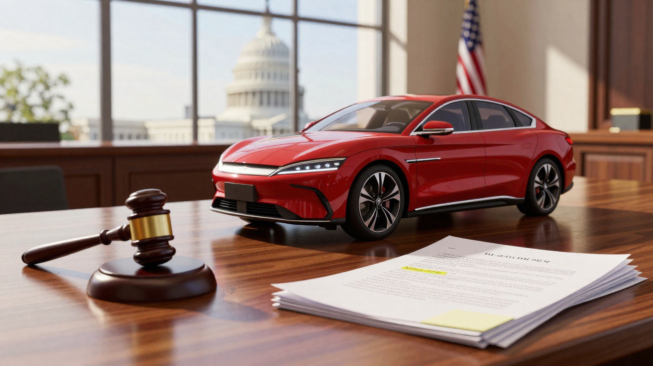 Carro vermelho em miniatura, maço de documentos e martelo de juiz numa mesa com vista para o Capitólio dos EUA.