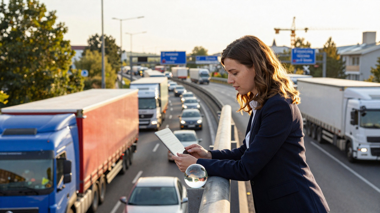 Mulher lê e-book enquanto apoia no corrimão numa ponte sobre autoestrada movimentada ao pôr do sol.
