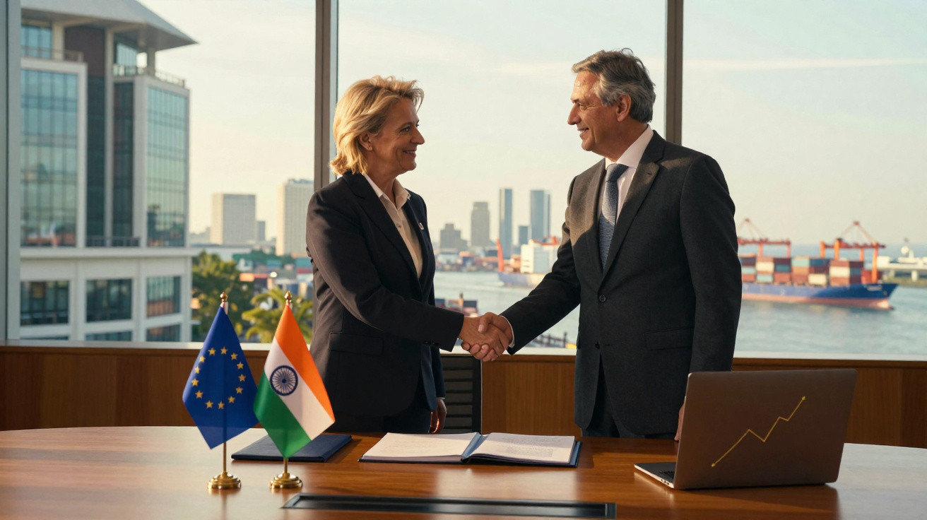 Dois diplomatas apertam as mãos numa sala com vista para o porto e bandeiras da União Europeia e Índia.