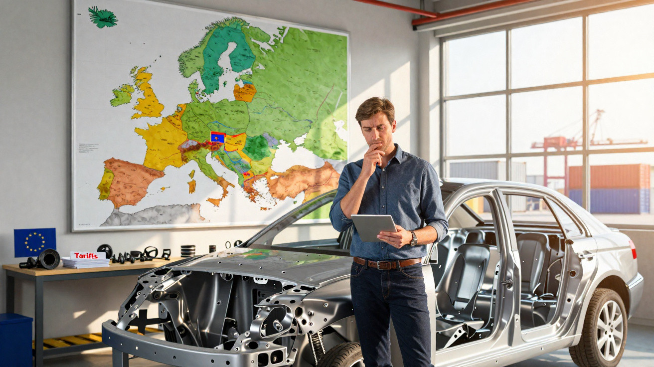 Homem de negócios a analisar dados num tablet junto a um carro desmontado numa oficina com mapa da Europa ao fundo.