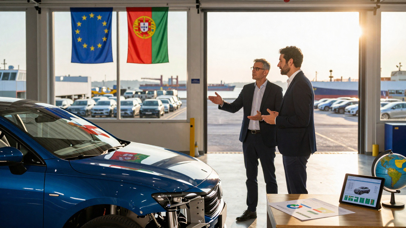 Dois homens de fato discutem junto a um carro azul num espaço com bandeiras da UE e Portugal e vista para parque de carros.