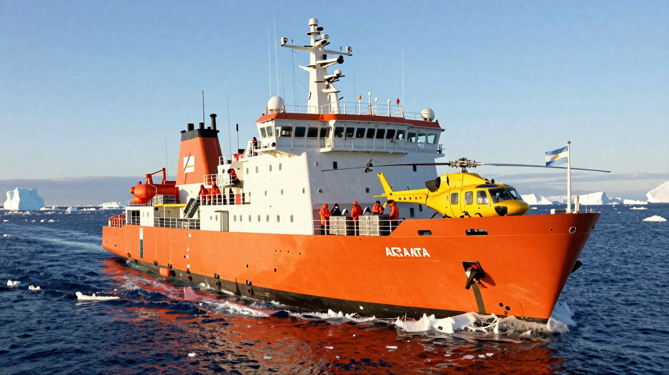 Navio de pesquisa científica laranja com helicóptero amarelo no convés, navegando em águas geladas com icebergues.