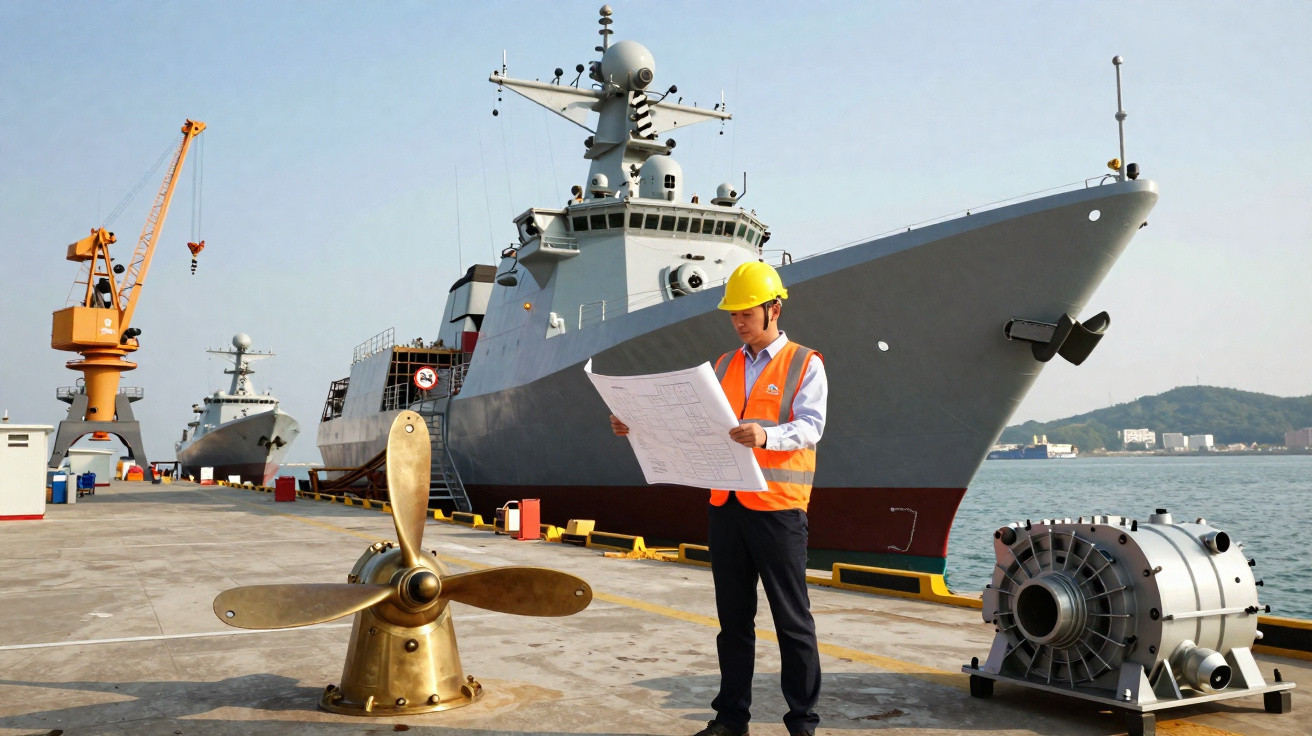 Trabalhador com capacete e colete reflete sobre projeto no cais junto a navios de guerra e peças mecânicas.