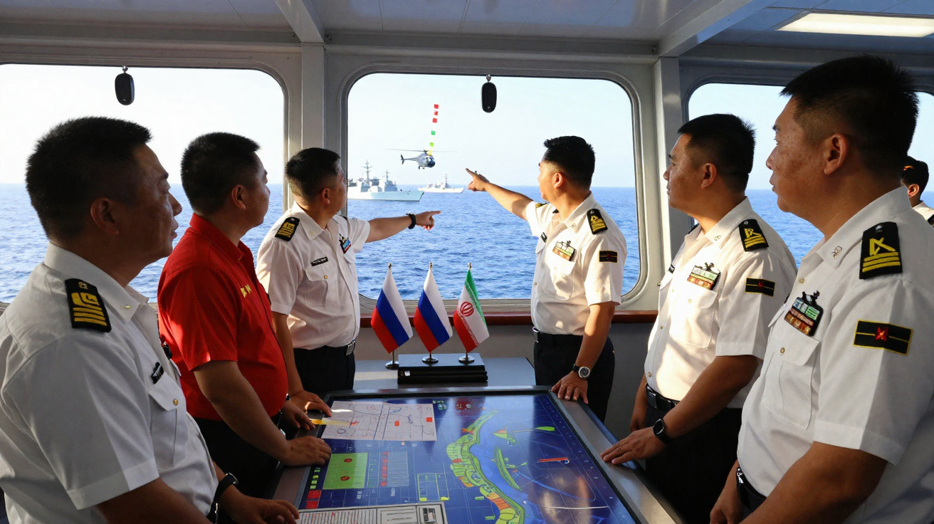 Militares a bordo de um navio observam helicóptero sobre o mar, com bandeiras da Rússia e Irão na mesa de controlo.