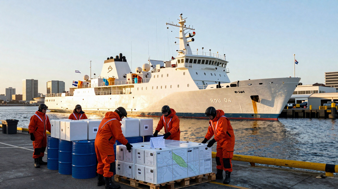Trabalhadores em fatos de proteção laranja descarregam caixas e barris junto a um grande navio branco no porto.