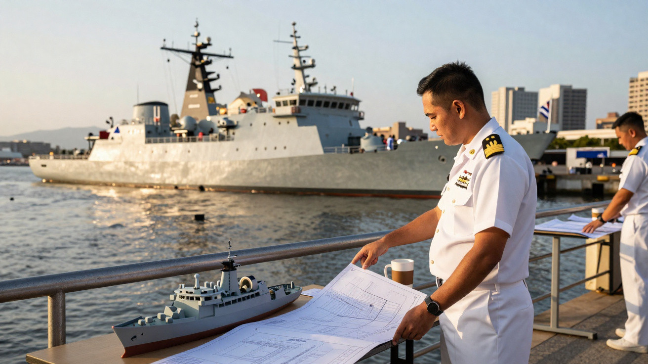 Oficial naval em uniforme branco analisando planta junto a modelo de navio com navio real ao fundo no porto.