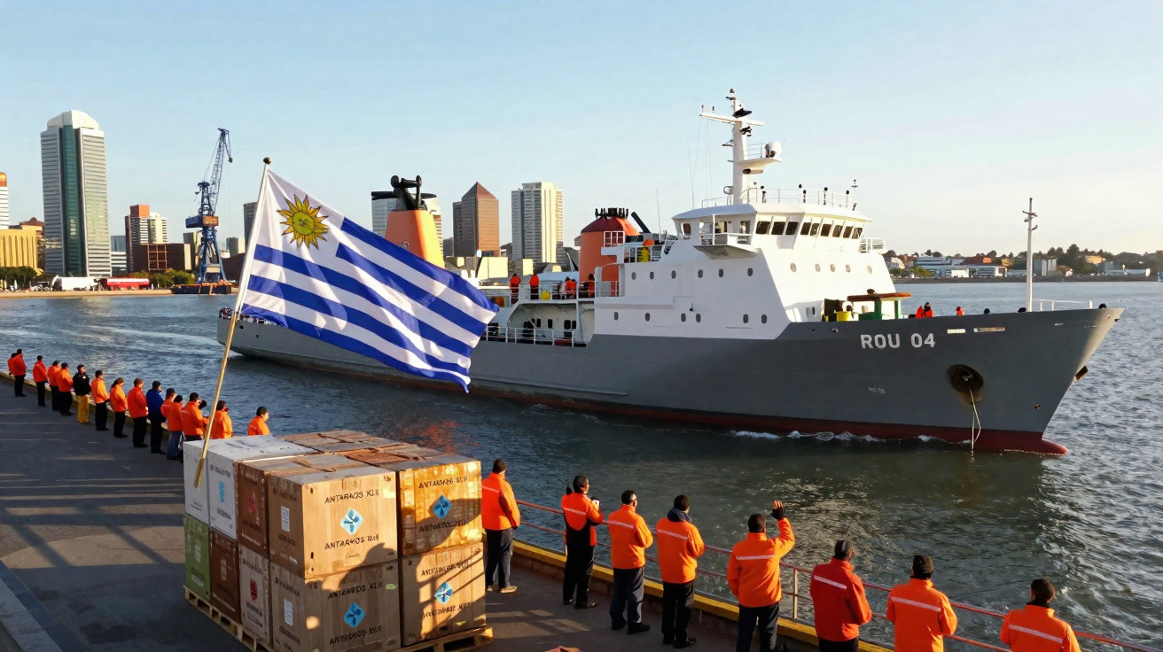 Porto com tripulação vestida de laranja a despedir um navio cinza com a bandeira do Uruguai ao pôr do sol.