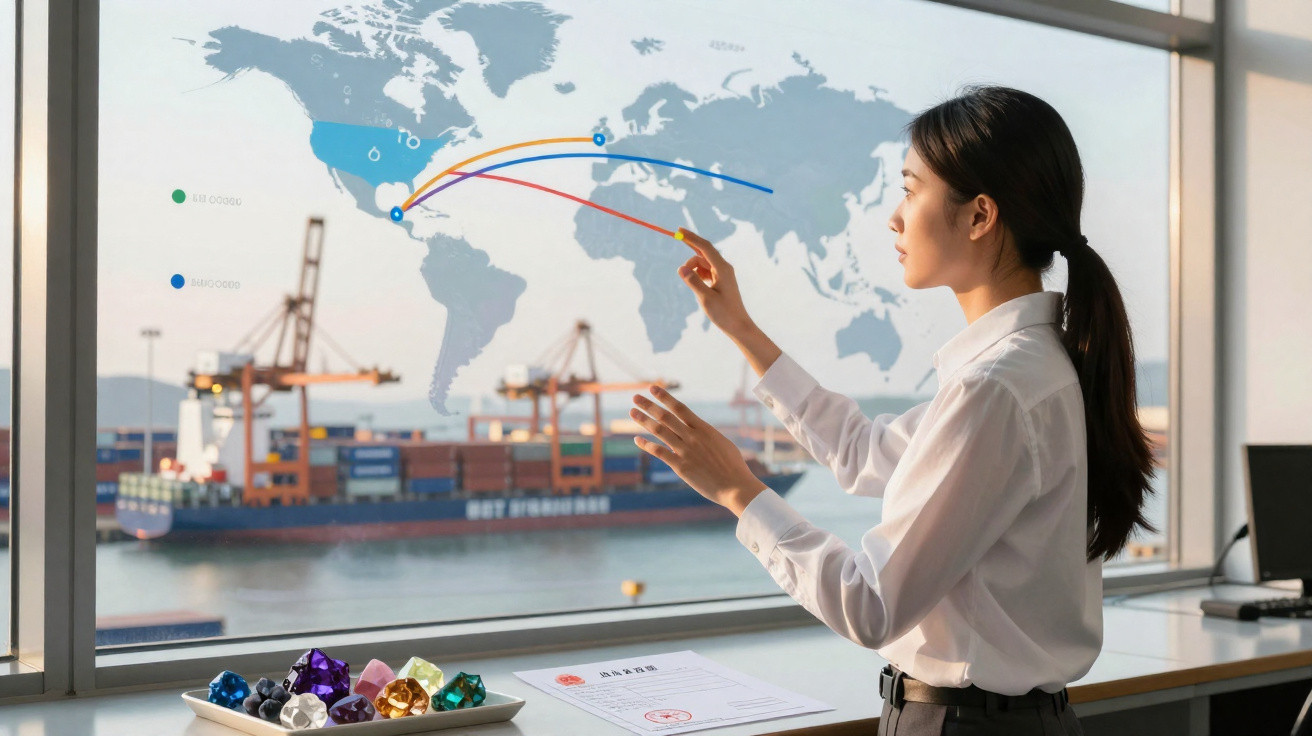 Mulher a apontar para um mapa mundial digital com rotas de navegação, com porto e contentores ao fundo.