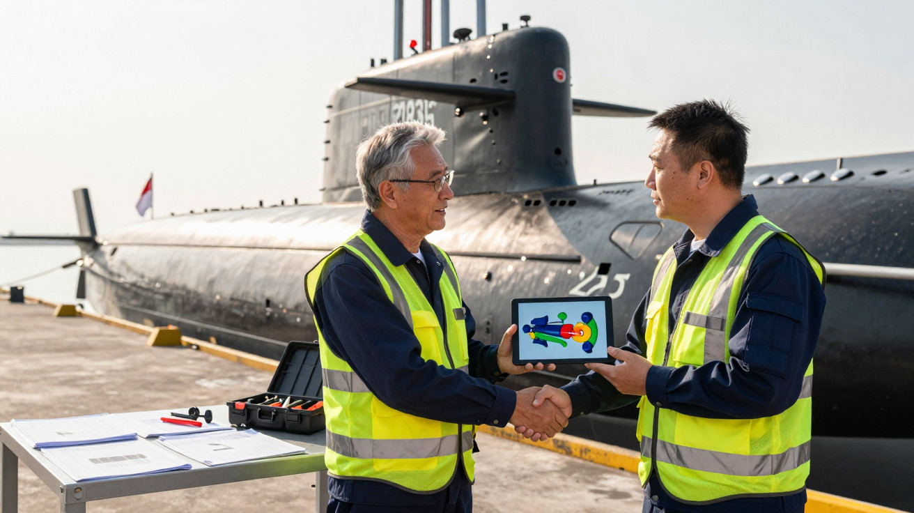 Dois trabalhadores com coletes refletivos cumprimentam-se junto a um submarino atracado no porto.