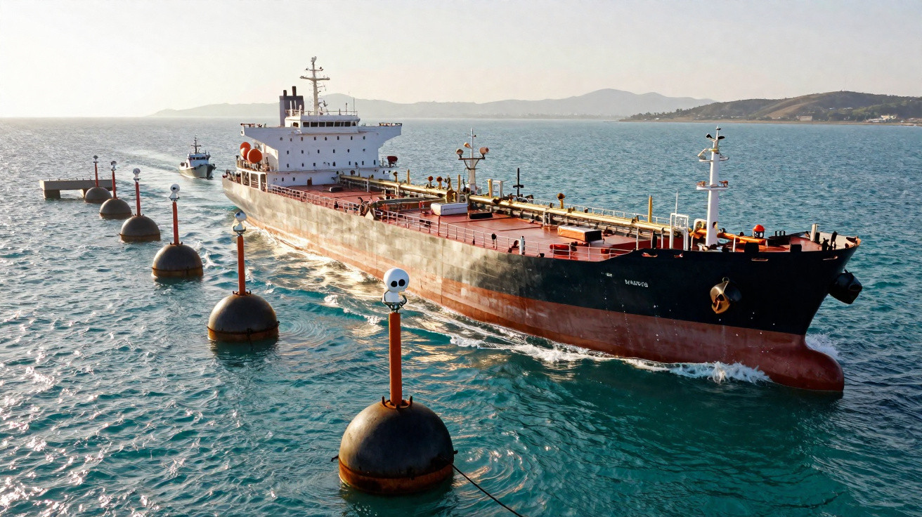 Navio petroleiro negro ancorado junto a bóias num mar calmo com montanhas ao fundo.