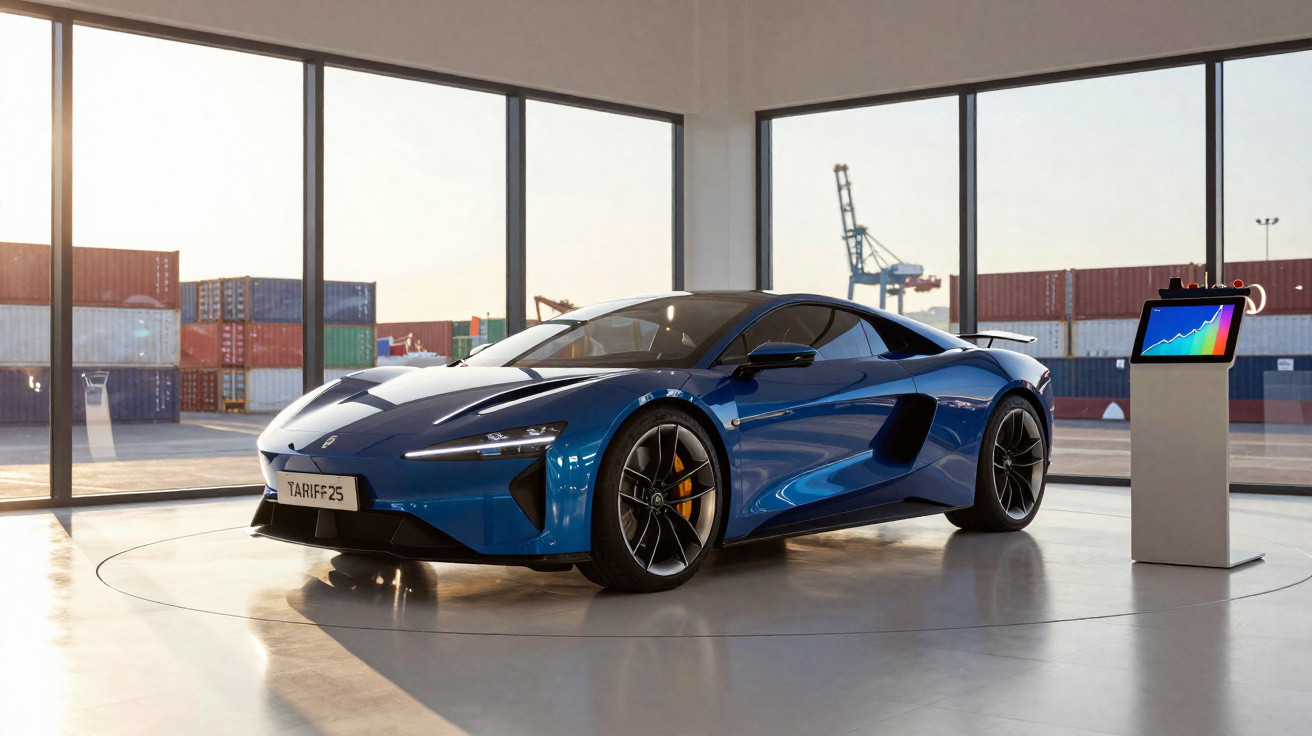 Carro desportivo azul exibido num showroom moderno com grandes janelas e contentores no exterior.