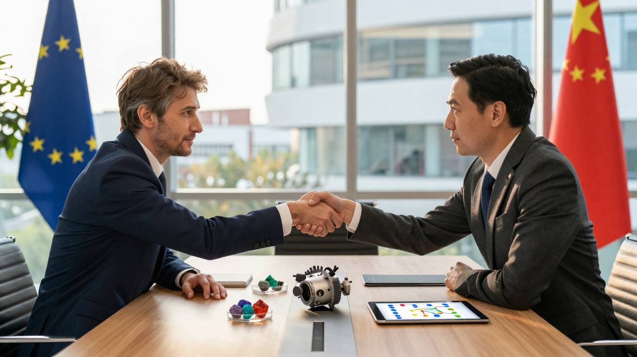 Dois homens de negócios apertam as mãos numa reunião, com bandeiras da União Europeia e China ao fundo.