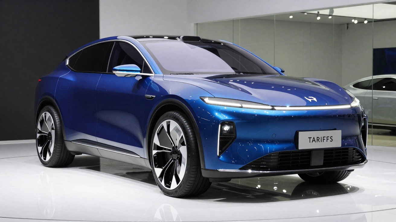 Automóvel elétrico azul com design moderno exibido em ambiente interior com chão branco e espelho.
