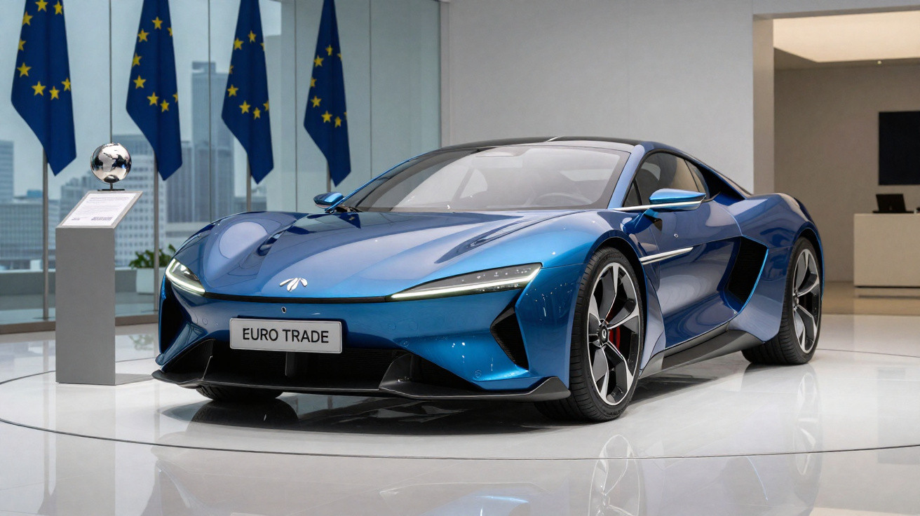 Carro desportivo azul metálico em exposição numa sala com bandeiras da União Europeia ao fundo.