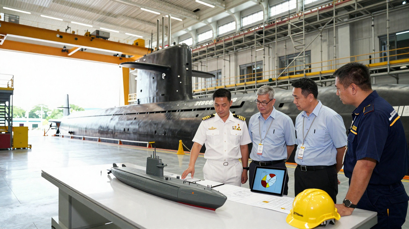 Quatro homens em uniforme observam maquete de submarino e documentos numa bancada dentro de hangar com submarino real.
