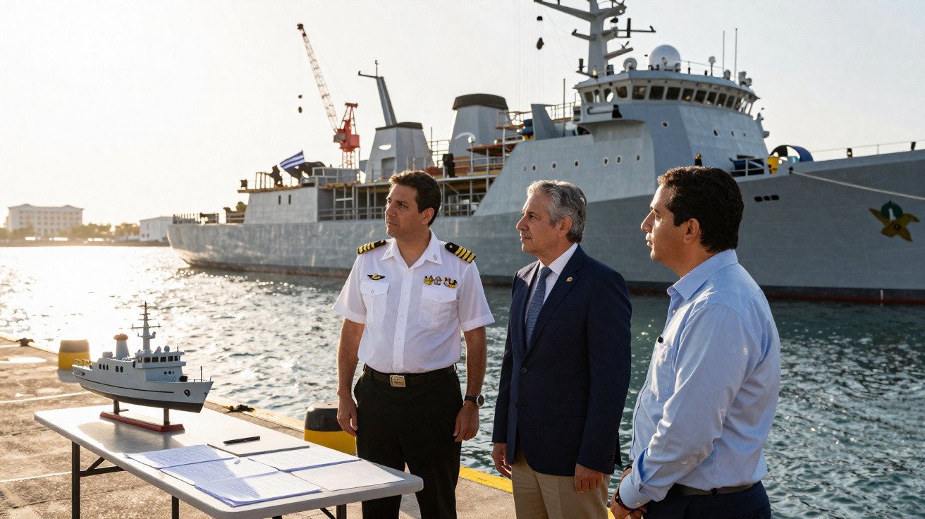 Três homens de negócios junto ao cais com modelo de navio e navio militar ao fundo ao pôr do sol.