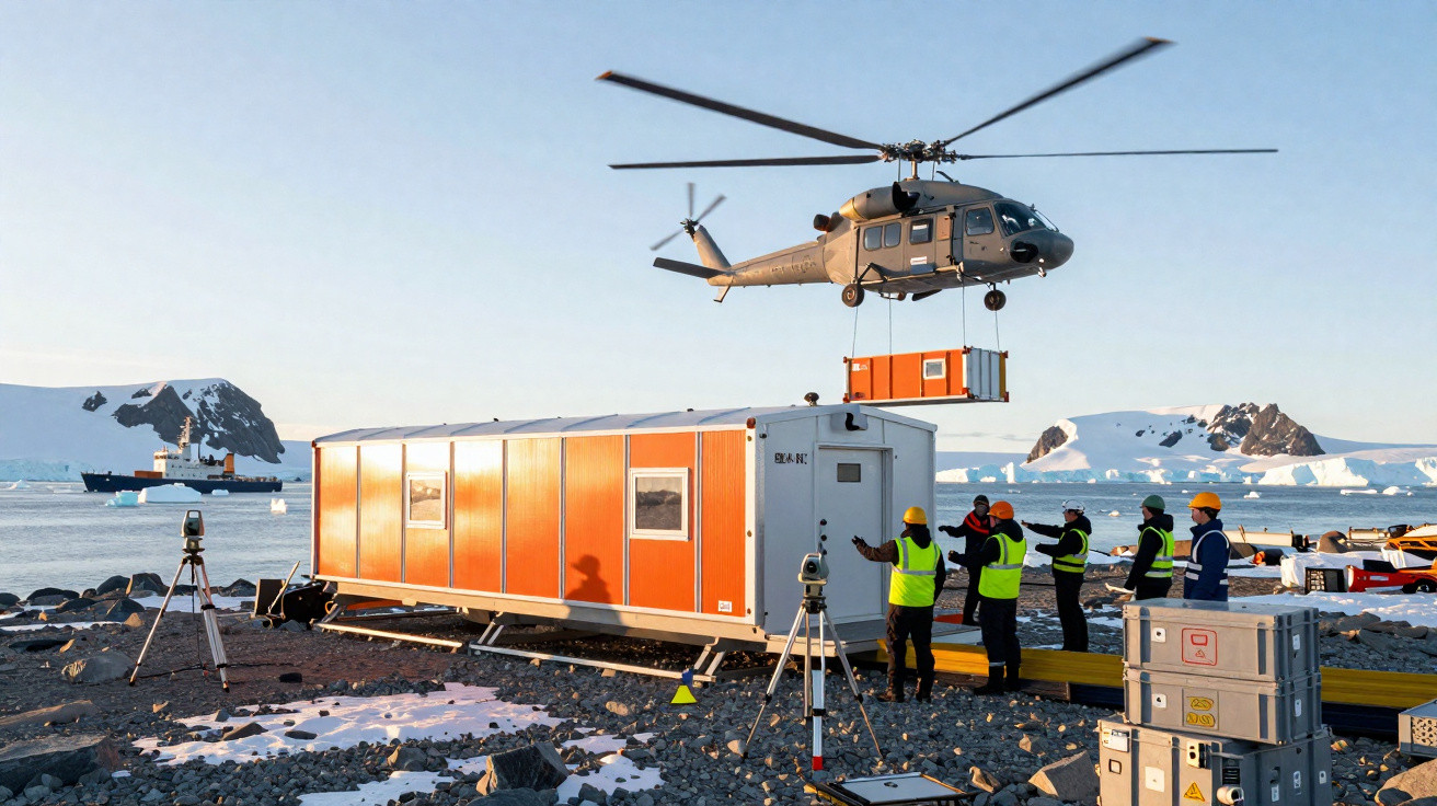 Helicóptero a transportar contentor sobre plataforma com pessoas em coletes refletores em paisagem gelada.