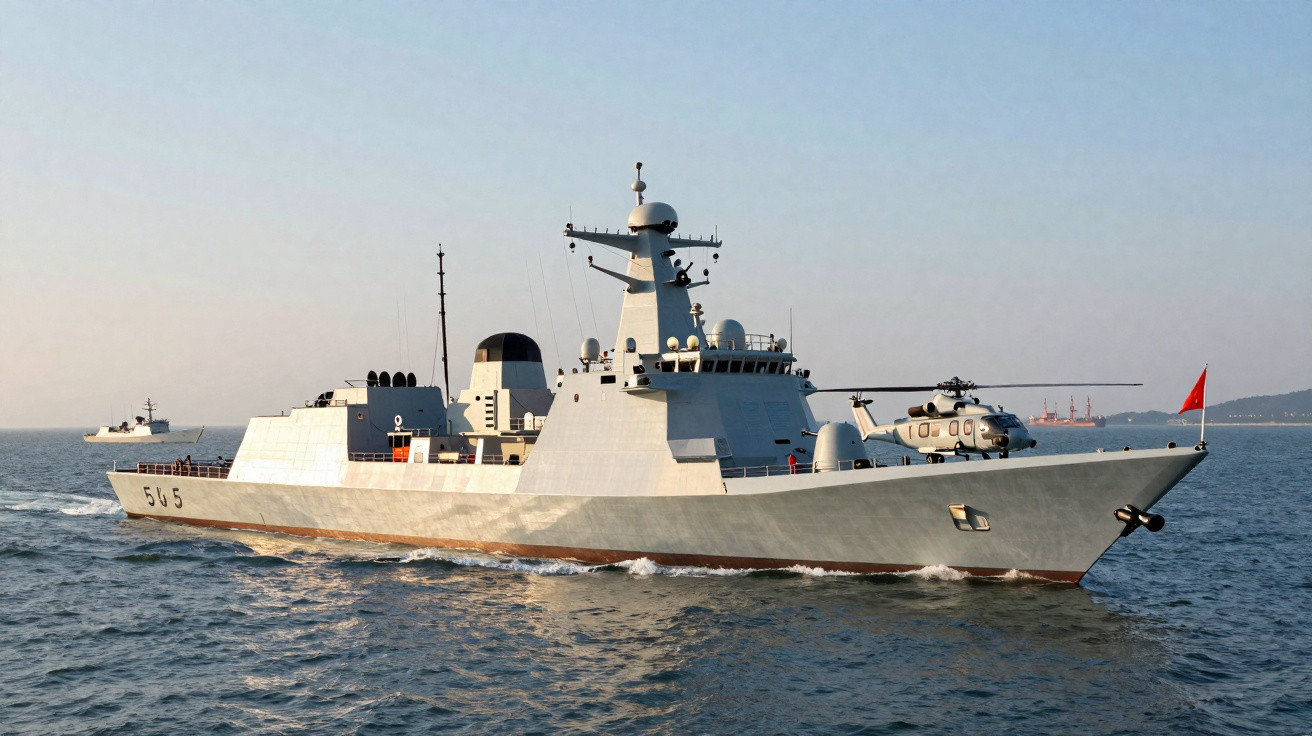 Navio militar cinzento com helicóptero no convés navegando em mar calmo sob céu claro.