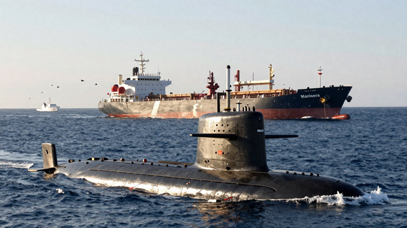 Submarino negro a navegar perto de cargueiro com nome Marinera no mar calmo sob céu claro.