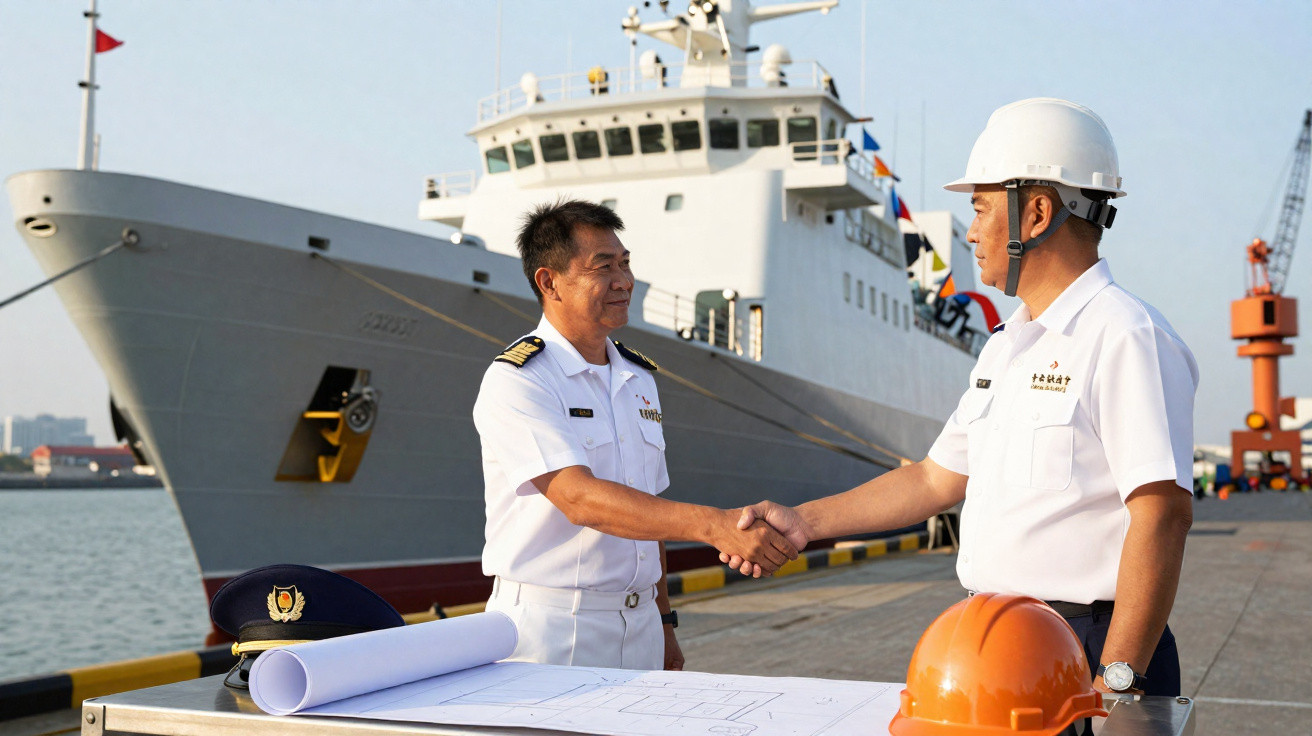 Dois homens em uniforme naval apertam as mãos num cais ao lado de um navio e de uma mesa com plantas e capacetes.