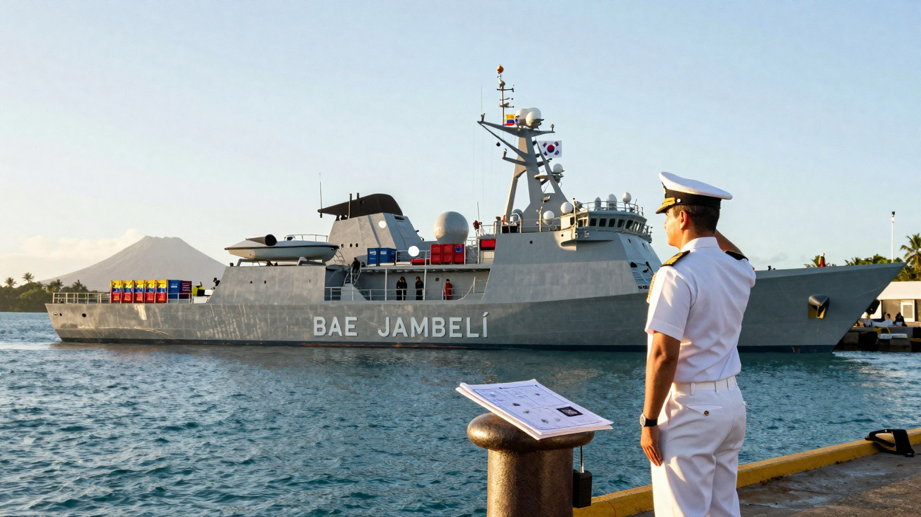 Marinheiro em uniforme branco a fazer continência a navio militar BAE Jambelí atracado no porto ao pôr do sol.