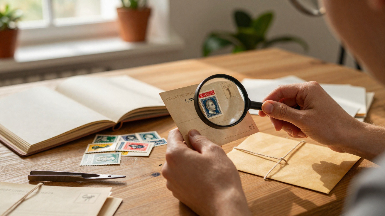 Pessoa a observar selo antigo num envelope com lupa, com mais selos e livros numa mesa de madeira.