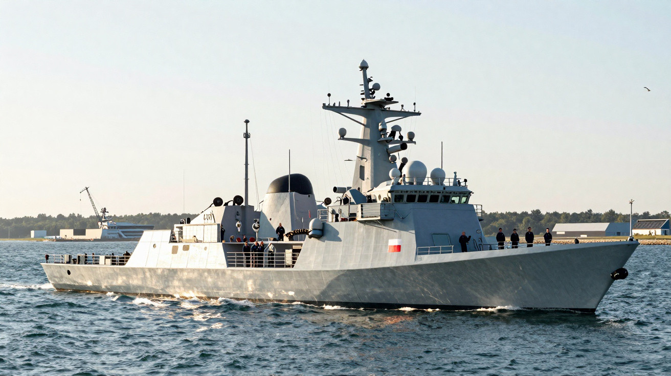 Navio de guerra cinzento a navegar no mar com tripulação visível no convés.