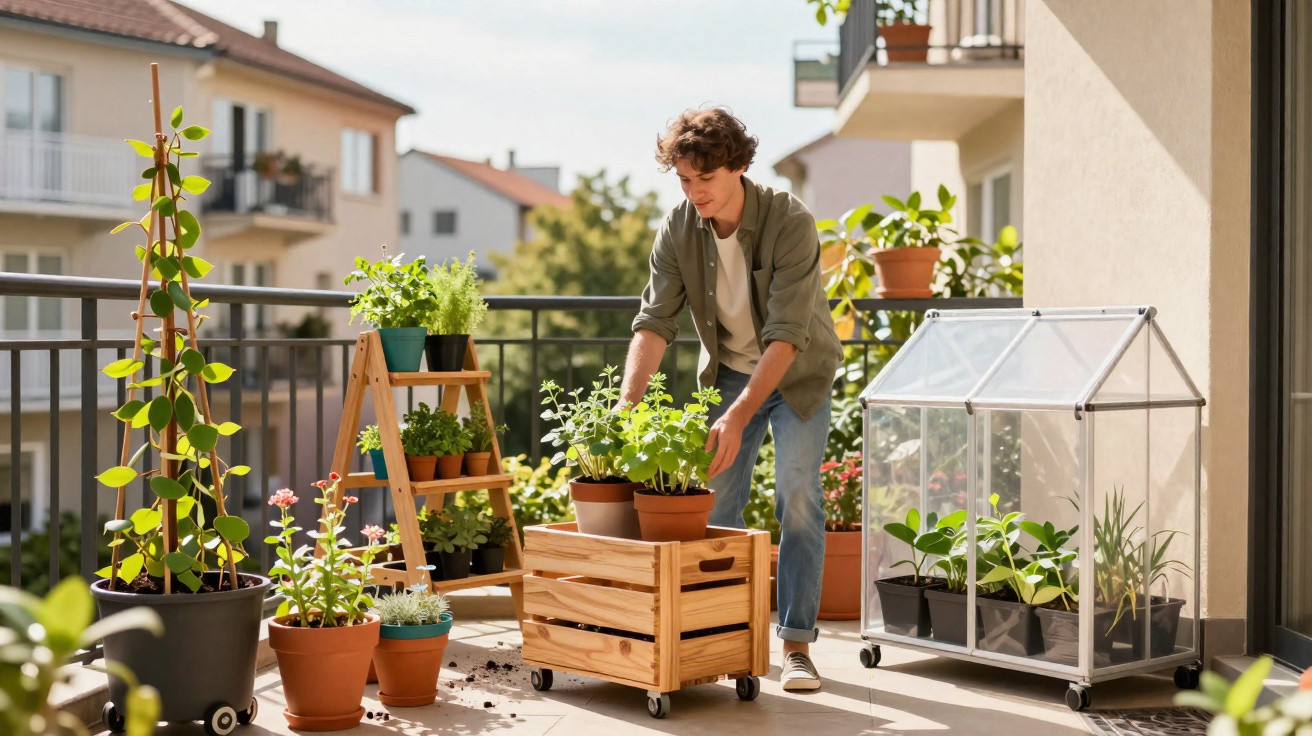 Jovem a cuidar de plantas num terraço urbano com vários vasos e estufa pequena de plástico transparente.