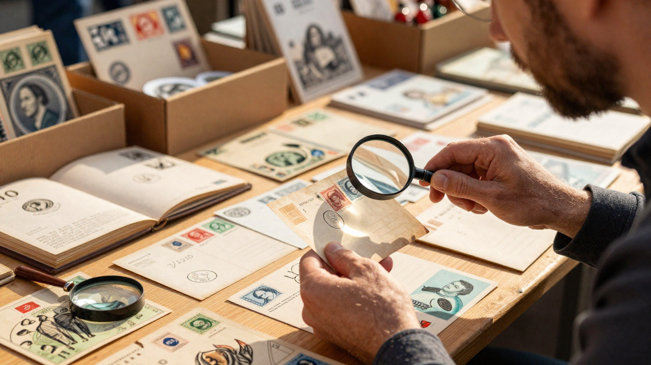 Pessoa a usar lupa para examinar selos e cartas antigas numa mesa cheia de álbuns e correspondência.