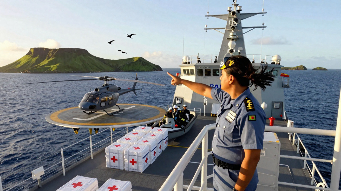 Militar feminina no convés de navio com caixas de ajuda humanitária e helicóptero, mar e ilha ao fundo.