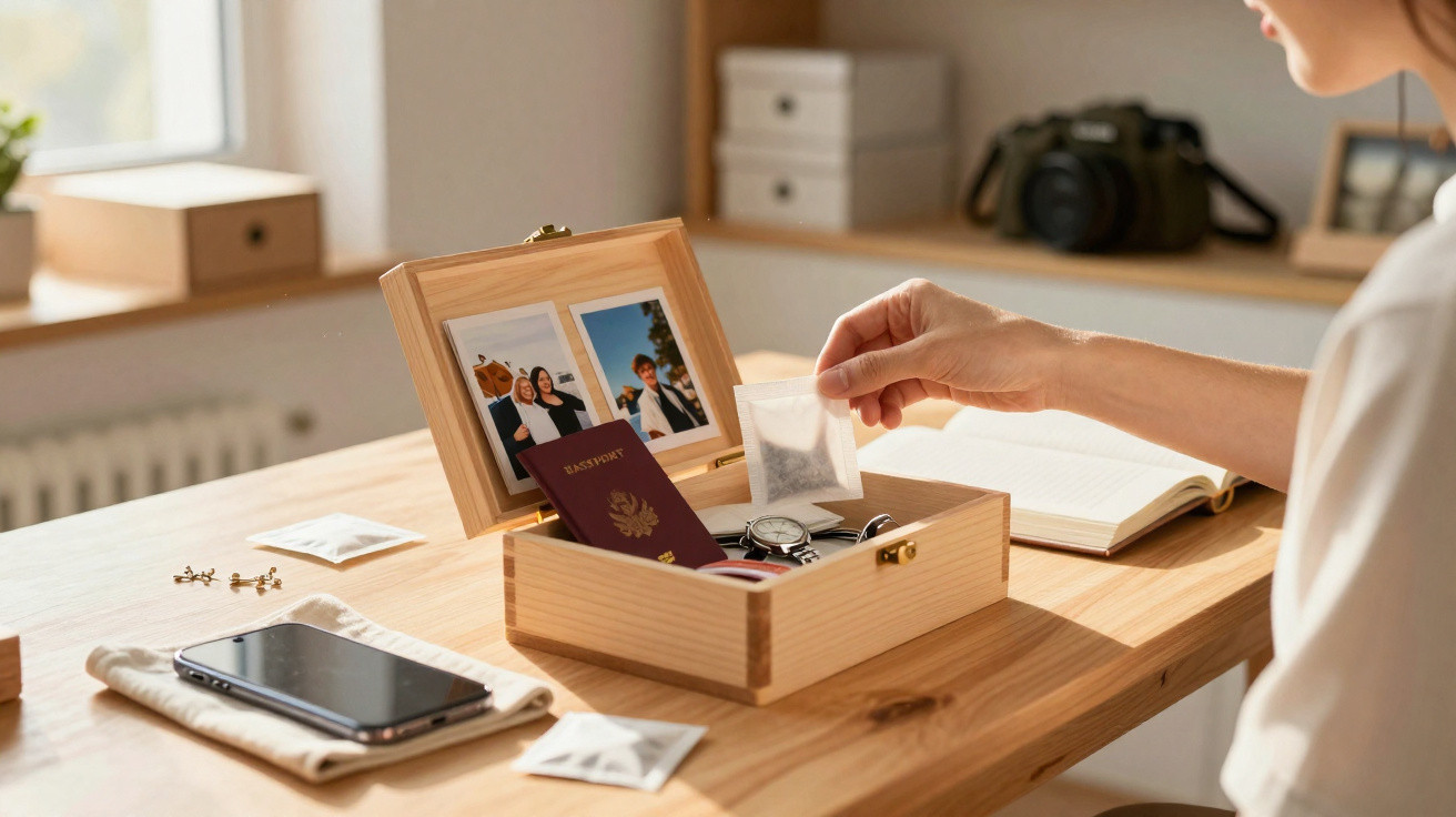 Pessoa coloca saquinho de chá dentro de caixa de madeira com fotos, passaporte e relógio numa mesa iluminada.