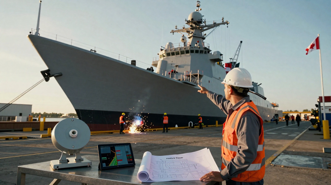 Homem de capacete e colete a apontar para um navio militar ancorado num porto durante inspeção.