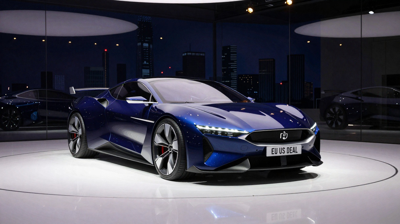 Carro desportivo elétrico azul exibido numa plataforma branca circular em ambiente moderno com reflexos urbanos noturnos.