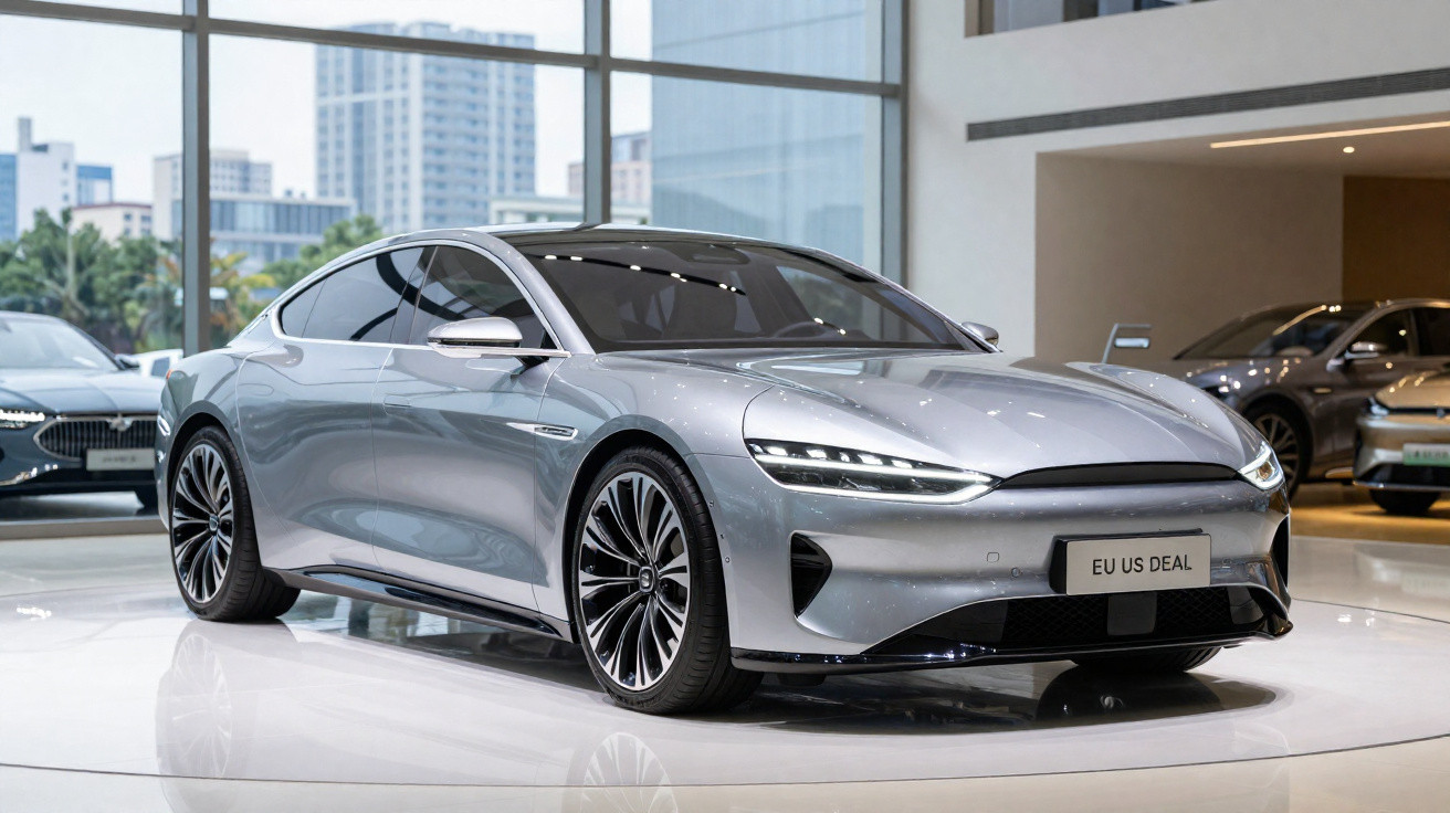 Carro elétrico cinza metálico com design futurista exposto num showroom moderno e luminoso.
