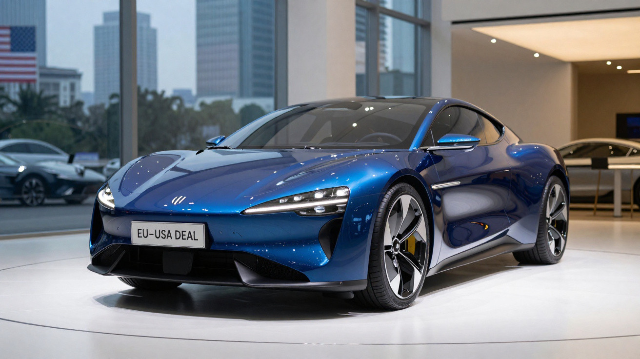 Carro desportivo elétrico azul exibido num salão moderno com janelas e edifícios ao fundo.