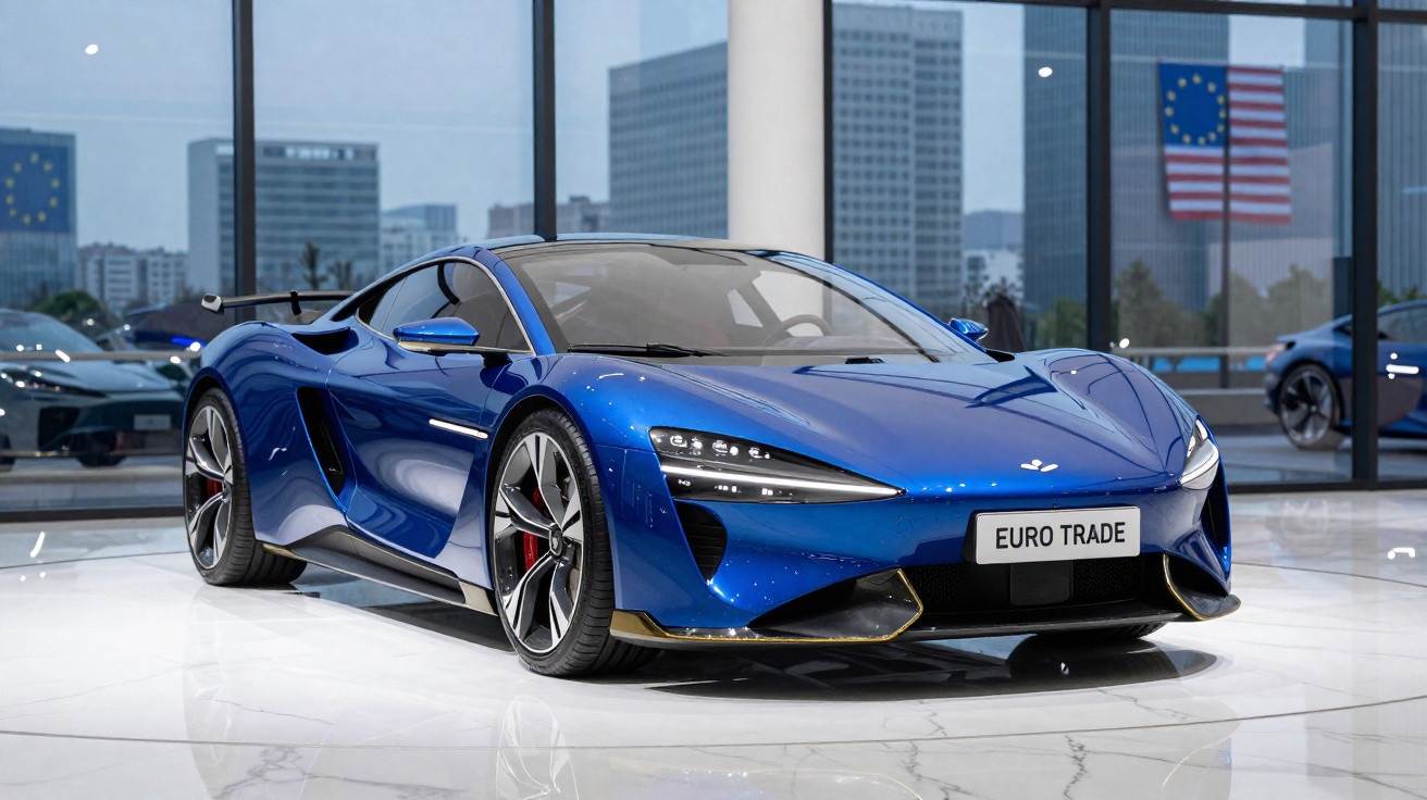Carro desportivo azul metálico em exposição num espaço moderno com janelas grandes e vista urbana.