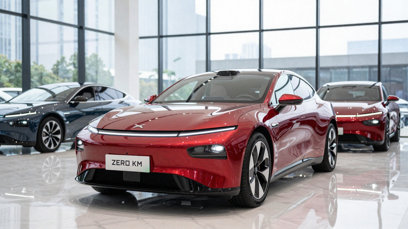 Carros elétricos modernos expostos em showroom com grande janela e chão brilhante.