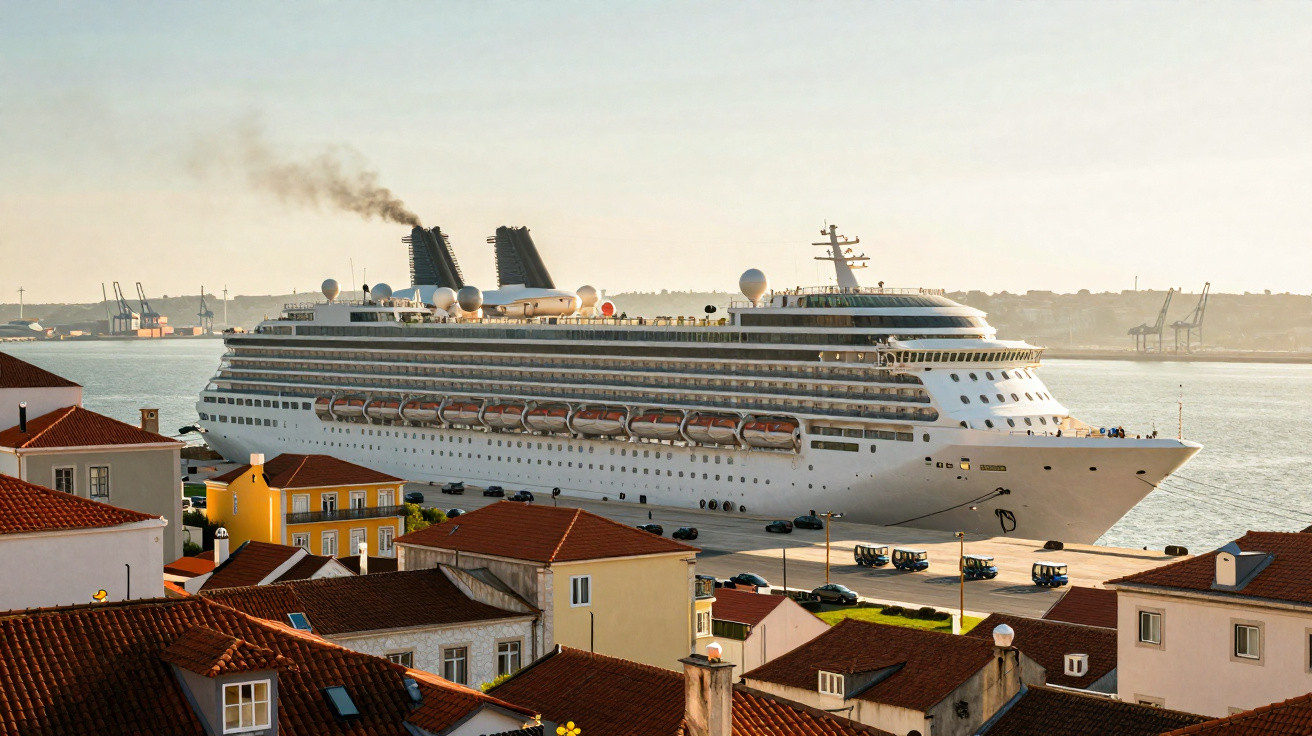 Navio de cruzeiro branco atracado num porto perto de casas tradicionais com telhados vermelhos ao pôr do sol.