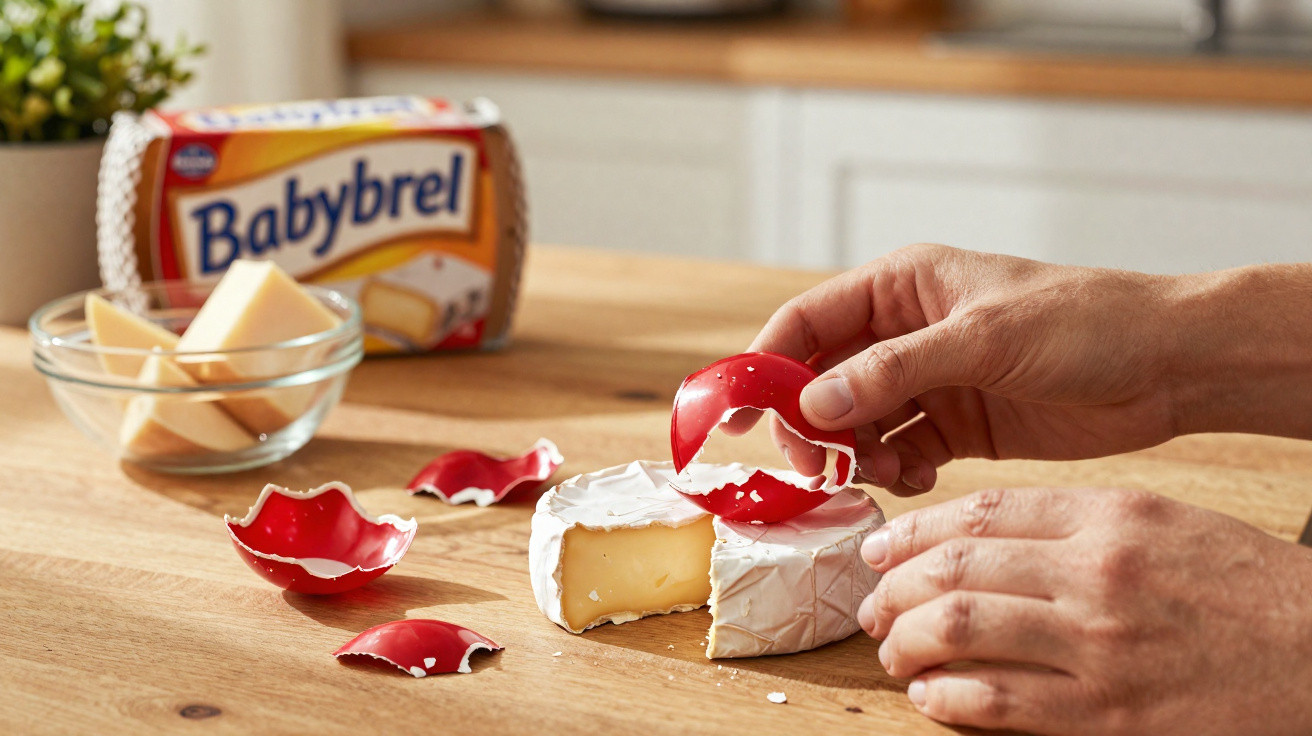 Mãos a desembrulhar queijo Babybel com pedaços de embalagem vermelha numa mesa de madeira.