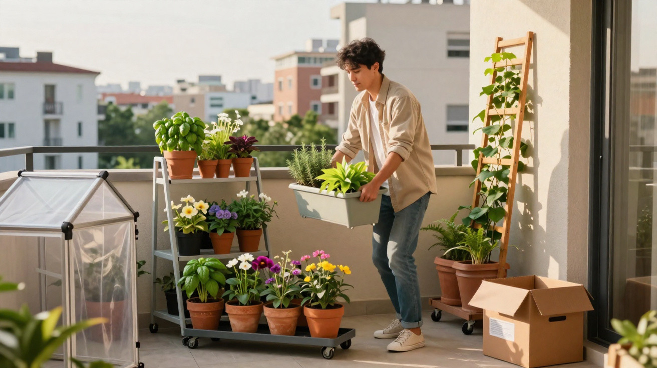Jovem a cuidar de plantas e flores em vasos num terraço urbano ensolarado.