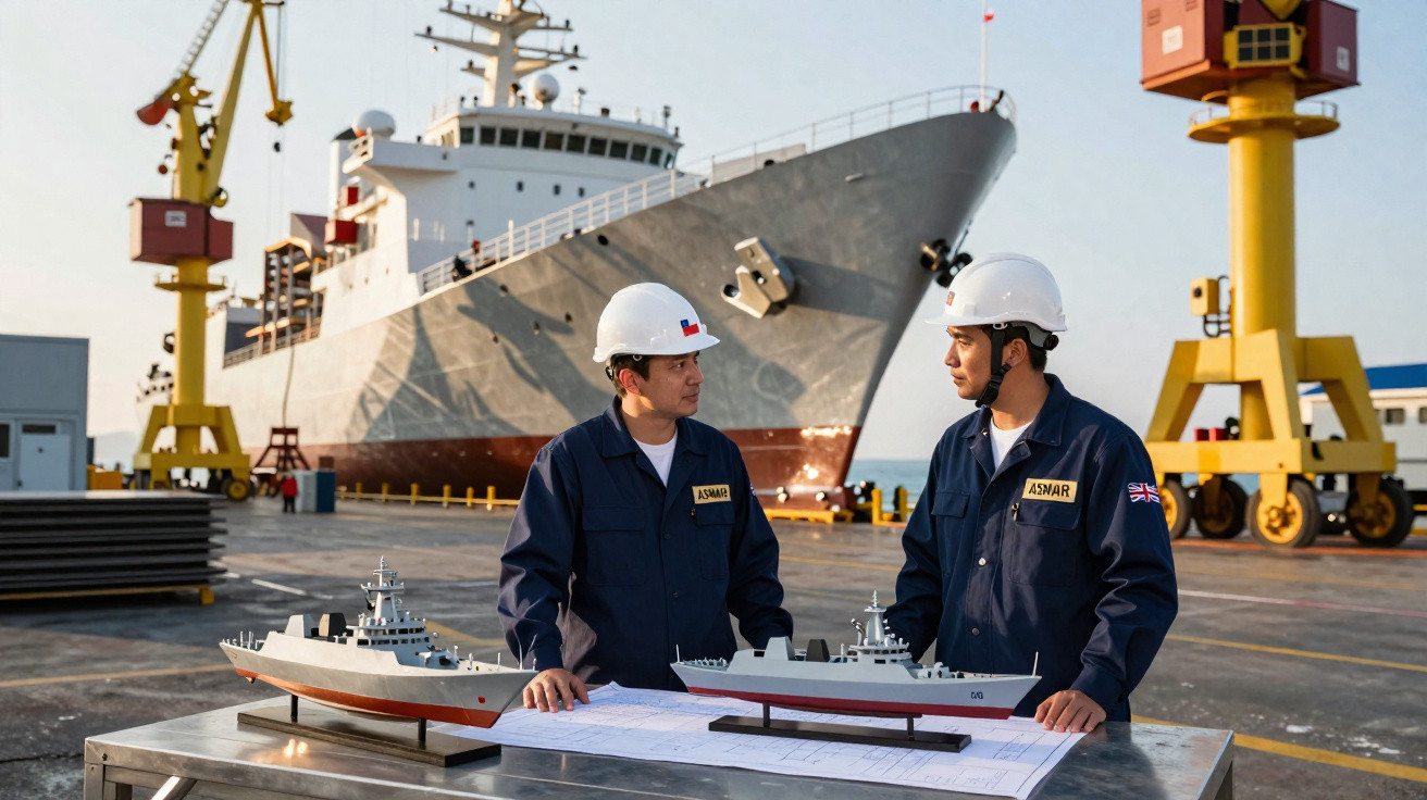 Dois engenheiros com capacetes em cais com maquetes de navios e grande navio ao fundo.