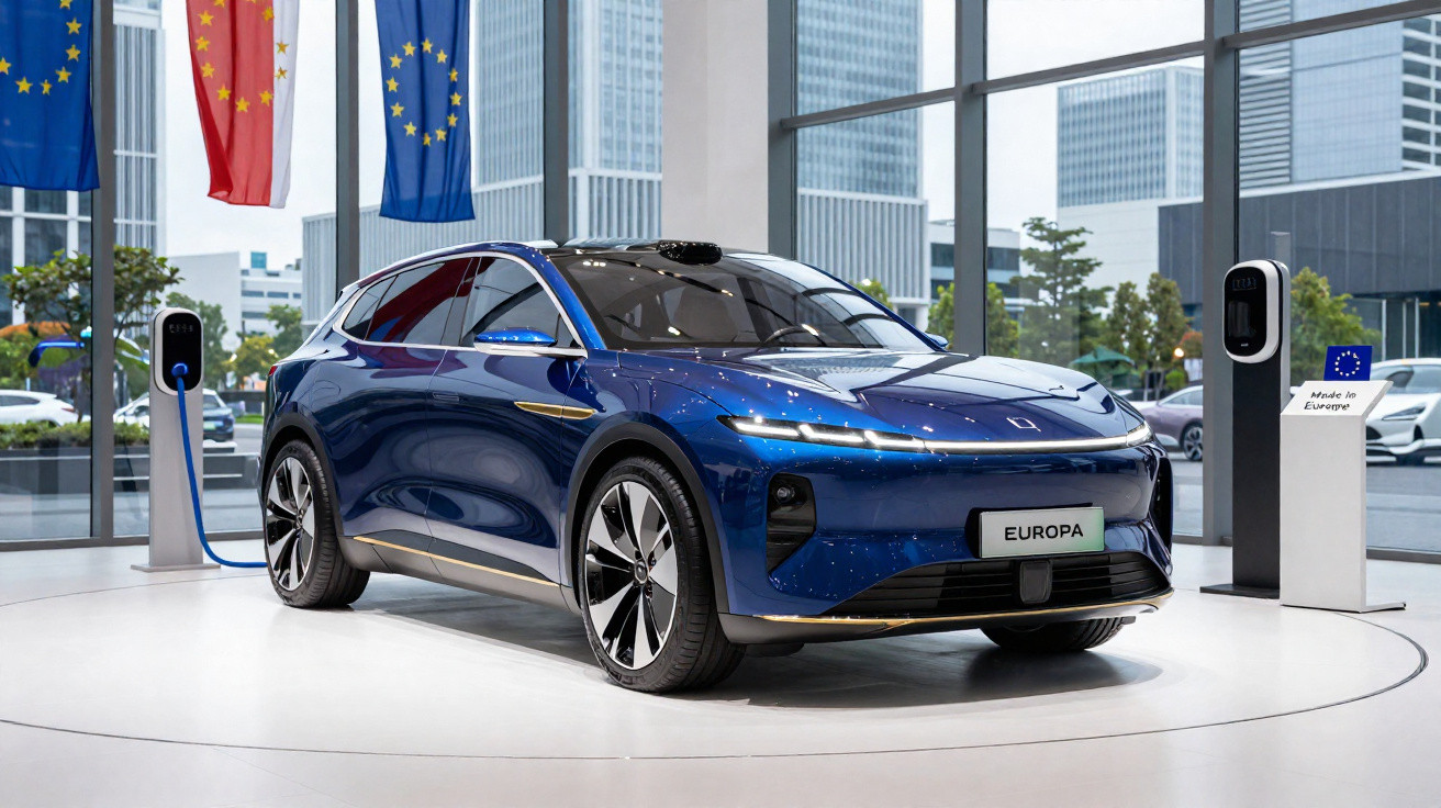 Carro elétrico azul exposto em showroom moderno com paredes de vidro e bandeiras da União Europeia.