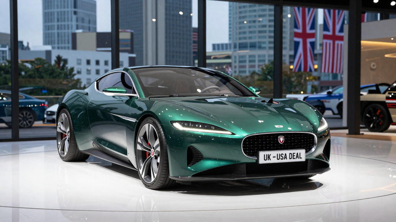 Carro desportivo verde metálico em exposição numa sala moderna com bandeiras britânicas ao fundo.