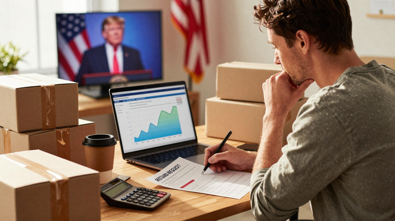 Homem a analisar documentos e gráficos num ambiente de trabalho com caixas e televisão ao fundo.
