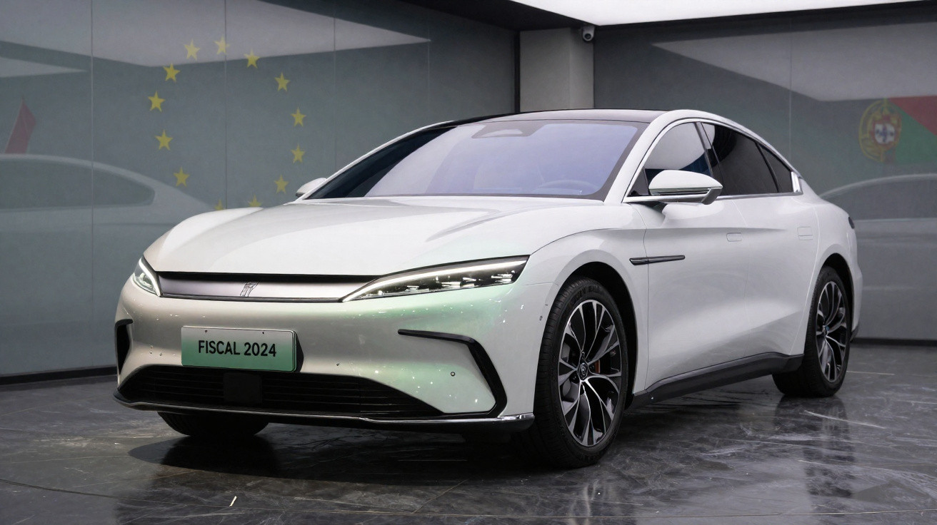 Carro elétrico branco moderno em exposição, com matrícula "FISCAL 2024" e bandeiras da UE e Portugal ao fundo.