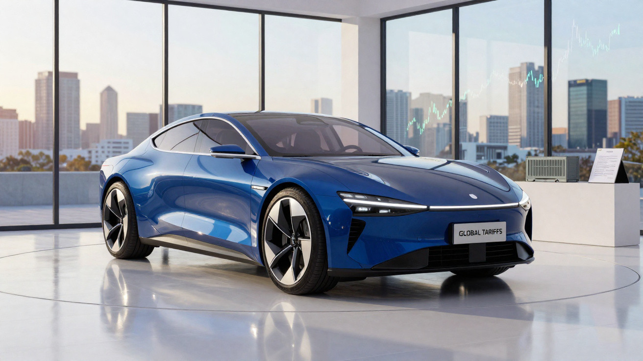 Carro elétrico desportivo azul num showroom moderno com vista para edifícios da cidade ao fundo.