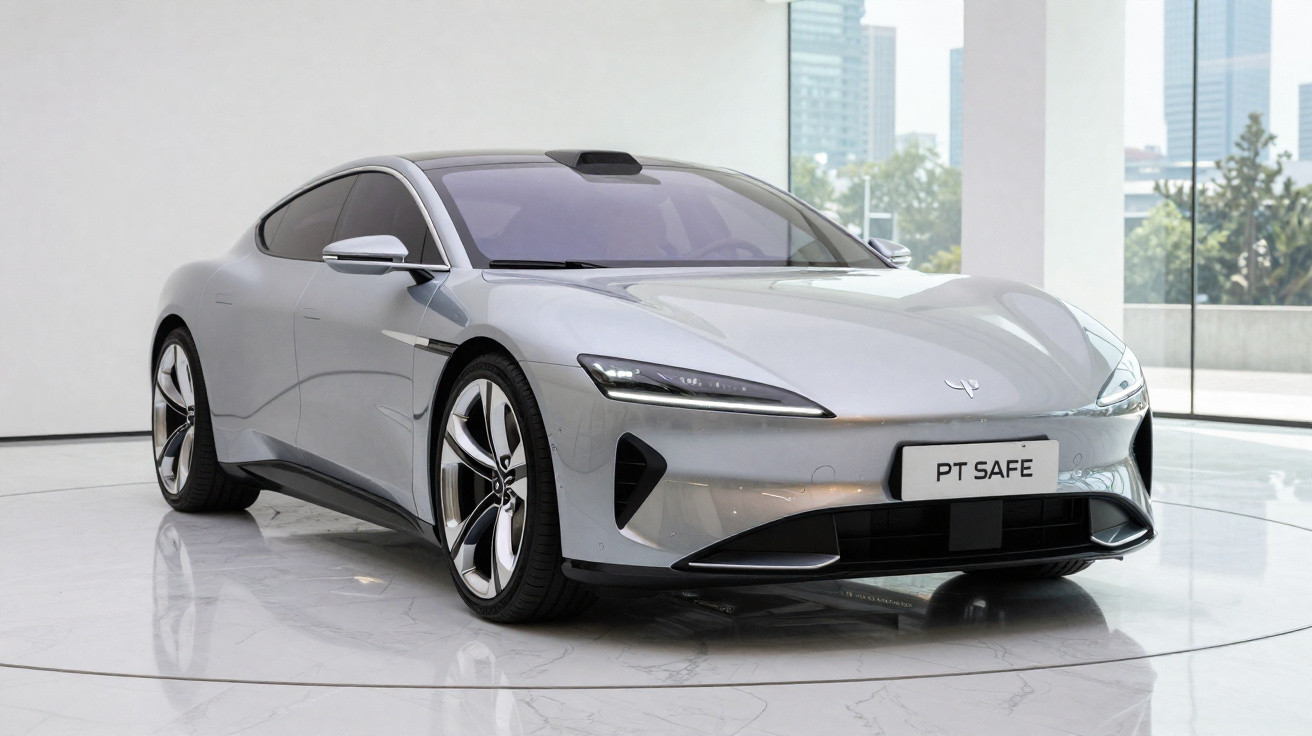 Automóvel elétrico cinzento prateado com design elegante estacionado em piso de mármore branco interior.