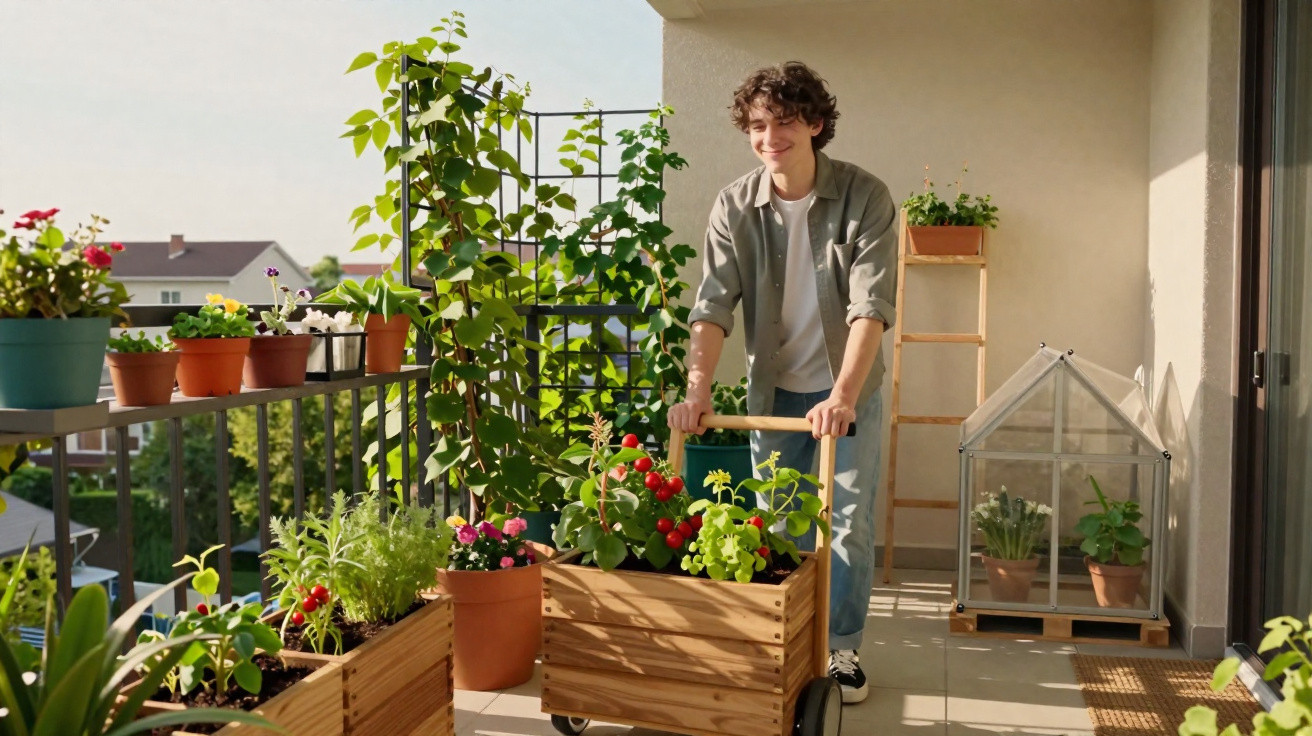 Jovem sorridente a cuidar de plantas num terraço ensolarado com várias flores e vegetais em vasos.